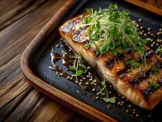 Grilled salmon fillet is plated with microgreens and sesame seeds on a dark wooden serving board beautifully.