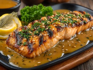 Grilled salmon fillet with sauce, herbs, and lemon served on a black plate ready for a tasty lunch.