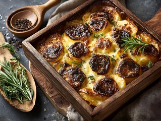 Delicious scalloped potatoes baked in a rustic wooden dish with rosemary sprigs on a textured backdrop.