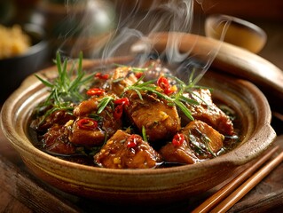 Delicious and steaming Asian dish with fish, herbs, and chili peppers served in a rustic ceramic bowl.