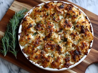 Golden scalloped potatoes are presented beautifully with fresh rosemary on a rustic wooden cutting board.
