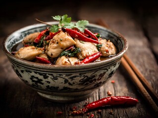 A bowl of spicy chicken stir fry with red chili peppers and fresh cilantro on a rustic wooden table top.