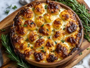 Golden scalloped potatoes with fresh thyme are baked in a wooden bowl on a wooden cutting board tray.