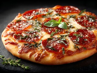 A delicious homemade pepperoni pizza with fresh basil and grated Parmesan cheese sits on a black stone plate.