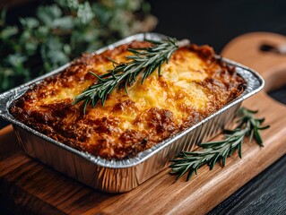 Delicious golden shepherd's pie is freshly baked and garnished with rosemary on a wooden cutting board.