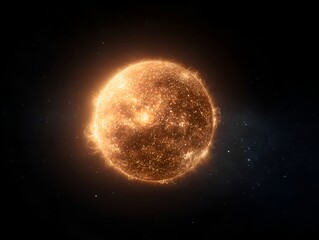 A radiant sun shines brightly in the dark expanse of space surrounded by distant stars and nebulous clouds.