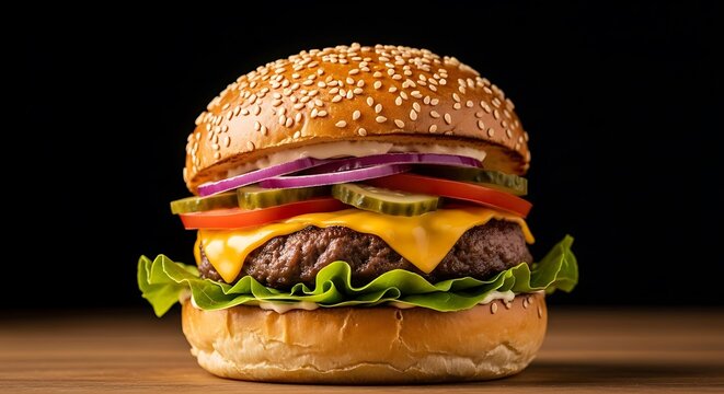 Delicious Cheeseburger with Fresh Ingredients food sandwich beef lettuce tomato onion pickle sesame bun meal fast food dinner lunch