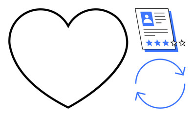 Heart outline, feedback card with ratings, circular arrows suggesting iteration or feedback cycle. Ideal for user experience, reviews, loyalty, feedback, trust, evaluation simple flat metaphor