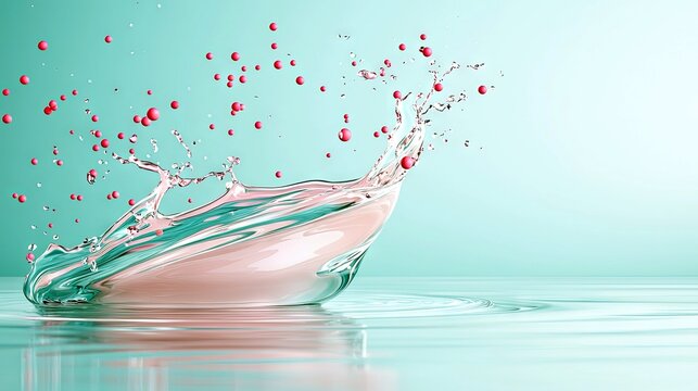 A dynamic splash of light pink liquid erupts upwards, with small red droplets scattering in the air, against a soft teal backdrop.