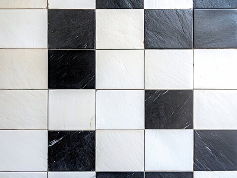 A close-up, full-frame view of a wall or floor covered in alternating black and white square tiles.