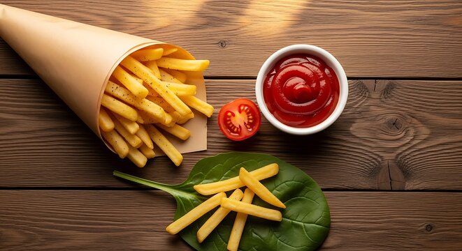 French Fries with Ketchup and Tomato on Wood food snack meal lunch dinner potato fried fast food delicious tasty cuisine dish