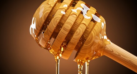 Honey dripping from a wooden dipper sweet food golden brown closeup liquid natural organic healthy stick spoon syrup delicious macro