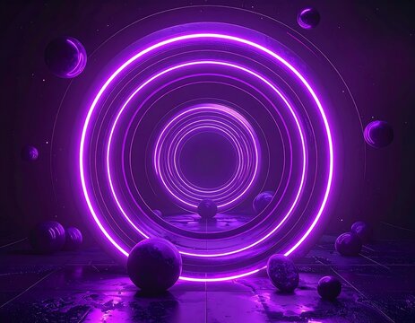 Futuristic tunnel with glowing purple rings, spheres floating around it