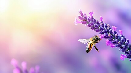 A bee is shown up close, actively pollinating a lavender flower, with a soft, colorful bokeh background and gentle sunlight.