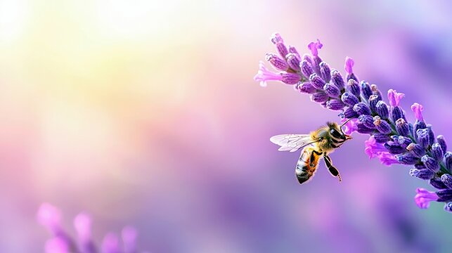A bee is shown up close, actively pollinating a lavender flower, with a soft, colorful bokeh background and gentle sunlight. - Powered by Adobe