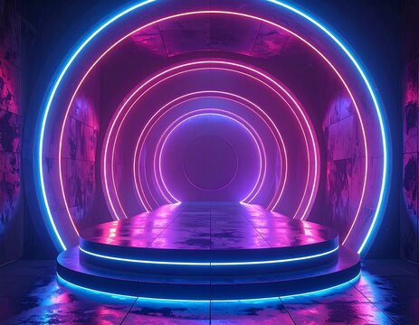 Futuristic stage with neon rings and a glowing platform