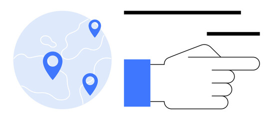 Globe with location markers and a pointing hand illustrating navigation, location identification, and instruction. Ideal for technology, travel, logistics, guidance, decision-making, teamwork