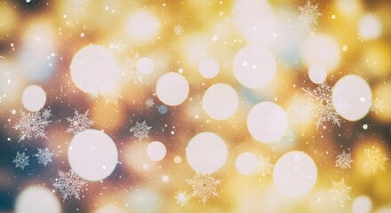 Warm golden bokeh lights with sparkling snowflakes creating a festive winter background.