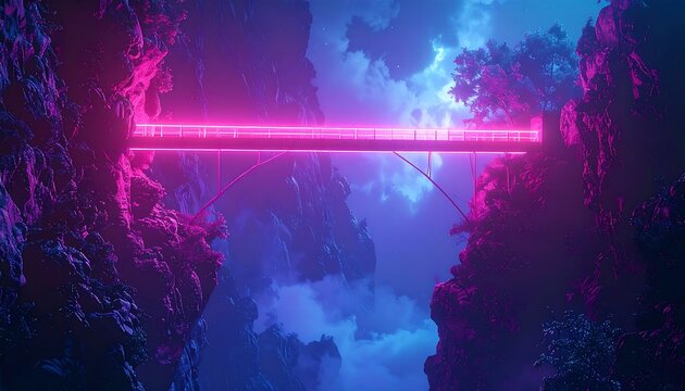 Glowing neon bridge spans a chasm, nestled between rocky cliffs under a cloudy sky - Powered by Adobe