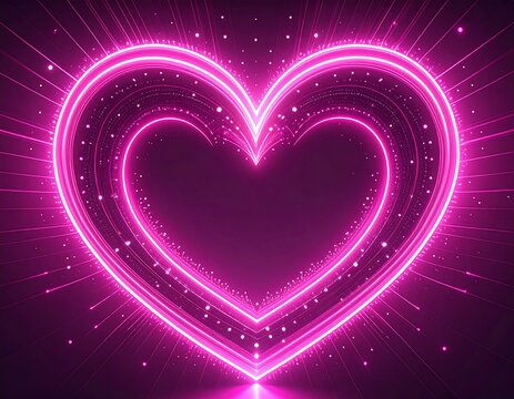 Glowing neon pink heart shape with sparkling light trails on black