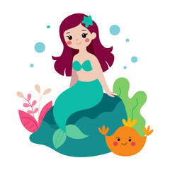 Cute Fantasy Mermaid Sitting on Rock
