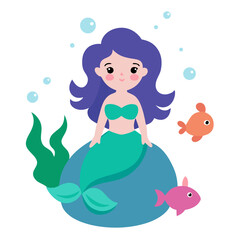Cute Fantasy Mermaid Sitting on Rock