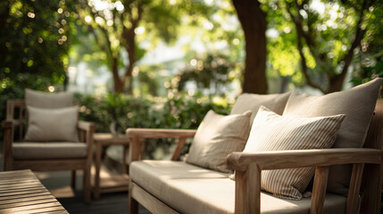 Obraz premium Cozy outdoor patio seating with wooden frame sofas and soft beige pillows surrounded by lush garden foliage, perfect for relaxing, reading, and outdoor lifestyle inspiration.