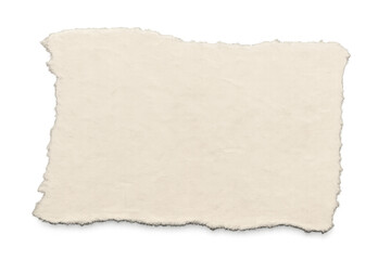 Torn paper piece with textured surface and ripping edges on transparent background, presenting a blank space