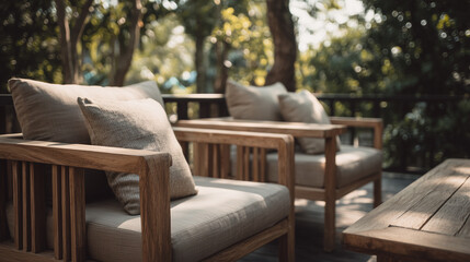 Luxury outdoor wooden lounge chairs with soft cushions in a peaceful garden setting, showcasing natural sunlight, warm tones, and cozy relaxation atmosphere for premium home exterior design.