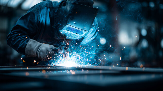 Professional welder working with high-temperature sparks in an industrial workshop, showcasing precision metal fabrication, craftsmanship, and engineering expertise.