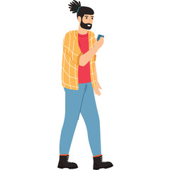 Man Walking With Smartphone In Hand Wearing Yellow Plaid Shirt Red T Shirt and Blue Jeans