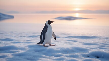 Fototapeta premium Single Penguin Walking On Frosty Ground