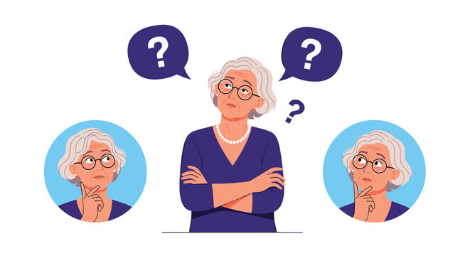 A thoughtful senior woman with glasses and question marks is thinking hard representing confusion memory loss or decision making.