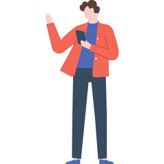 Man Holding Phone Waving Hello With Red Jacket Blue Shirt and Dark Pants Standing On White Background