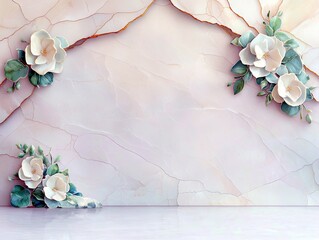 A delicate arrangement of white flowers and green leaves adorns a pink marble surface with subtle gold veining and a reflective floor.