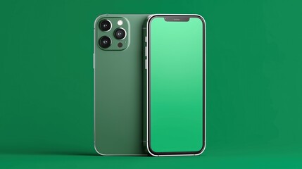 Realistic iPhone 16 Pro Max mobile phone model, blank color screen for ads and social media templates, green tone illustration elements.