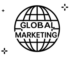 Black and white illustration of a globe with text "Global Marketing" on a white background
