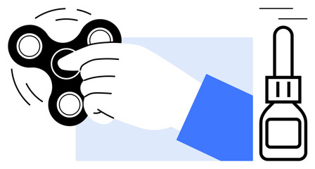 Hand using a spinning fidget spinner with motion lines, alongside a glue bottle. Ideal for stress relief, focus, DIY, repair, manual skill, recreation and creativity. Simple flat metaphor