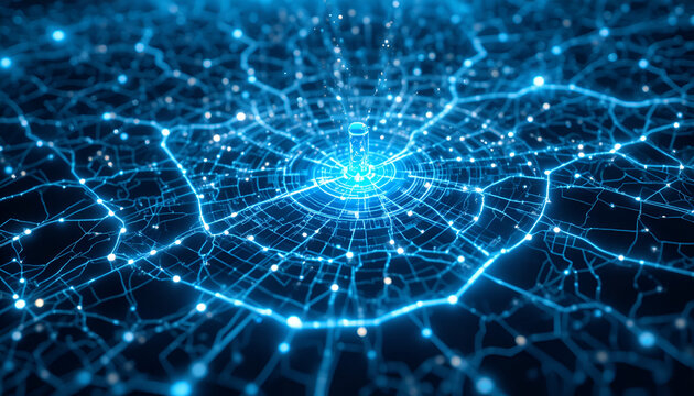 Abstract glowing blue neural network or digital data connection visualization