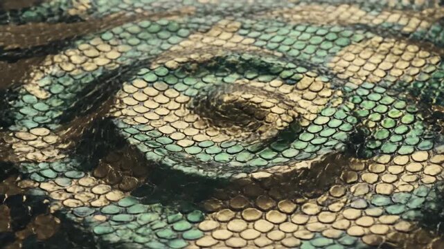 Abstract close-up of iridescent green and gold scales texture background