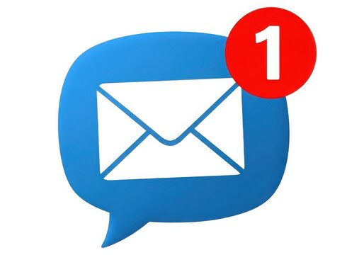 Blue speech bubble with white envelope icon and red notification circle showing number one isolated on white background