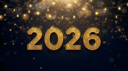 The year 2026 is displayed in gold glitter against a dark blue background, adorned with bokeh and string lights.
