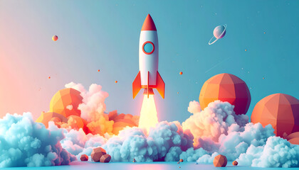 3D isometric rocket launching with stylized smoke clouds and geometric shapes 