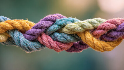 Braided rope showing intertwined strands against blurred outdoor backdrop symbolizes unity and connection, highlighting strength in diversity.