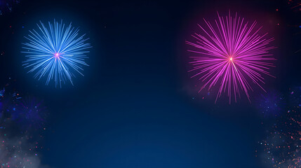 Two colorful fireworks, one blue and one pink, explode against a dark blue background with subtle smoke and sparkling effects.