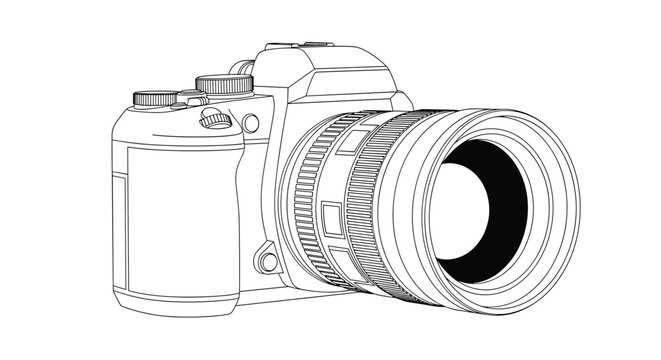 A detailed black and white outline drawing of a modern digital DSLR camera for photography enthusiasts and professionals.