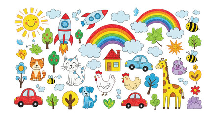 Fototapeta premium childlike drawings of cute animals colorful rainbows rockets cars and houses in a playful crayon style ideal for childrens education.