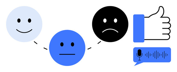 Feedback concept. Evaluating customer satisfaction using visuals thumbs up happy, neutral, unhappy emotion, thumbs-up, and voice input. Feedback aids decision-making, quality, surveys