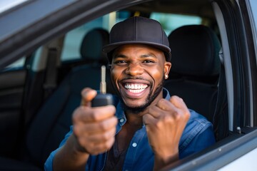 Happy man new car owner holding keys smiling in driver seat of vehicle