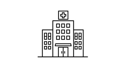 Black and white illustration of a hospital building with windows and a cross on top